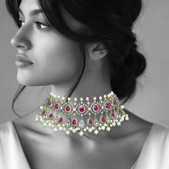 Antique-Finish Choker with Ruby, Diamonds, Polki Clusters, and Pearl Drops
